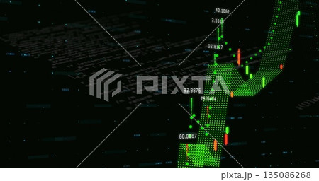 Showing 3D green arrow rising on trading dashboard with candlestick bars, floating code, copy space 135086268