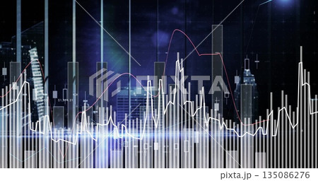 Showing financial charts over night skyline, with candlesticks and vertical bars plus line graphs Showing financial charts over night skyline, with candlesticks and vertical bars plus line graphs 135086276