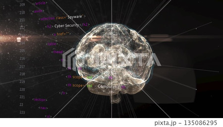 Floating brain hologram glowing across virtual security interface, with HTML code and light rays Floating brain hologram glowing across virtual security interface, with HTML code and light rays 135086295