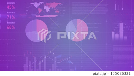 Data dashboard floating on grid, showing percentage metrics world map, pie, bar and line charts Data dashboard floating on grid, showing percentage metrics world map, pie, bar and line charts 135086321