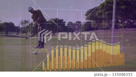 Golfer wearing polo shirt aligning putter with ball on putting green, with data overlay, copy space 135086355