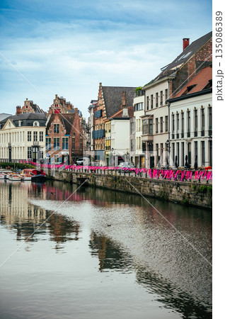 Ghent, Belgium - October 3, 2025 - Historical center of Ghent decorated for Pink October - Breast Cancer Awareness Month 135086389