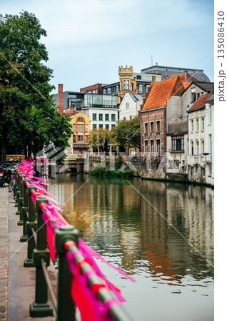Ghent, Belgium - October 3, 2025 - Historical center of Ghent decorated for Pink October - Breast Cancer Awareness Month 135086410