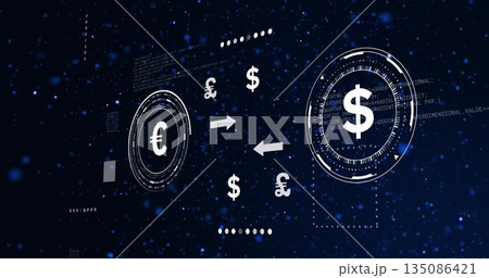 Futuristic interface displaying floating Euro and Dollar icons and exchange arrows in blue space Futuristic interface displaying floating Euro and Dollar icons and exchange arrows in blue space 135086421