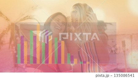 Smiling women wearing swimwear leaning on railing at beach bar deck sunset, with bar chart overlay 135086541