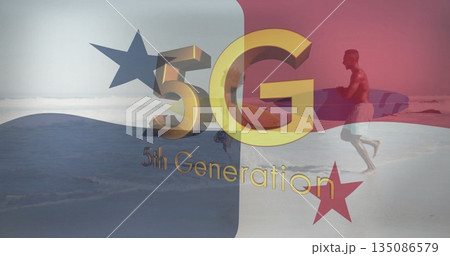 Running shirtless surfer carrying surfboard across beach, with 5G 5th Generation emblem, copy space 135086579