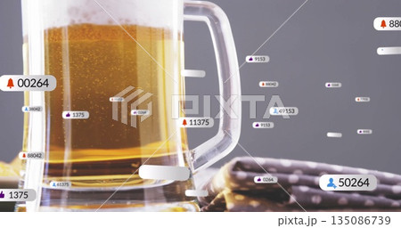 Presenting transparent glass mug atop glossy tabletop, drifting digital tags around phone case Presenting transparent glass mug atop glossy tabletop, drifting digital tags around phone case 135086739