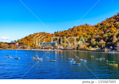 栃木県 日光市 秋の中禅寺湖(遊覧船から見た湖畔の紅葉) 栃木県 日光市 秋の中禅寺湖(遊覧船から見た湖畔の紅葉) 135087005