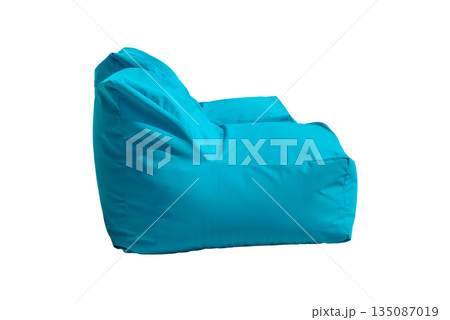 Beautiful side view of blue bean bag isolated on white background. 135087019