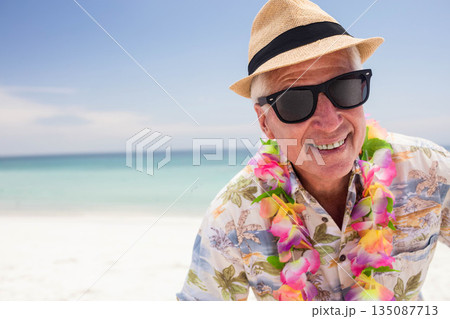 Senior man standing on beach by sea wearing straw fedora, sunglasses, floral shirt, lei, copy space 135087713