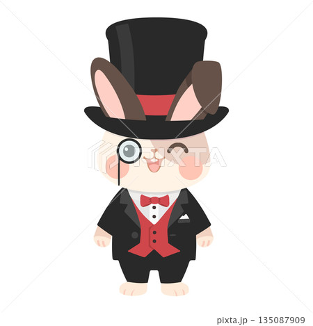 Elegant Cartoon Rabbit Character Wearing Black Tuxedo and Top Hat Elegant Cartoon Rabbit Character Wearing Black Tuxedo and Top Hat 135087909