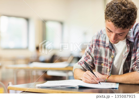 Male college student writing in notebook at classroom desk with black pen by windows, copy space Male college student writing in notebook at classroom desk with black pen by windows, copy space 135087915