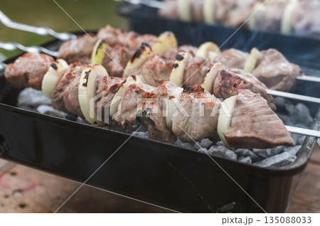 A person grills a variety of delicious meats and vegetable skewers on a gas barbecue in a lush green backyard during a warm summer evening . High quality photo 135088033