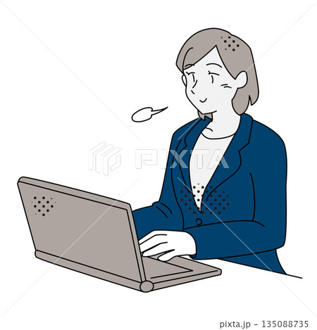 ノートパソコン作業で安心・安堵する女性のビジネスイラスト 135088735