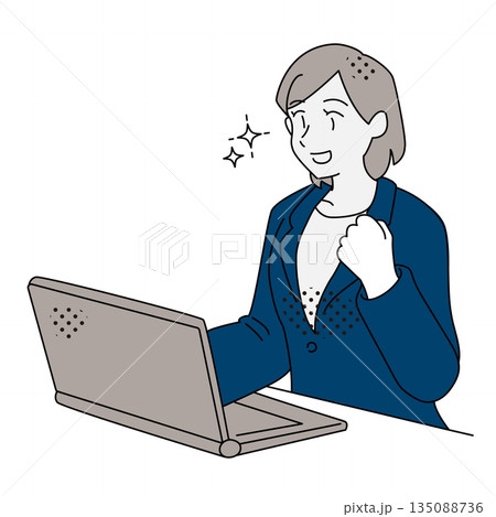 ノートパソコン作業でやる気が出た女性のビジネスイラスト 135088736