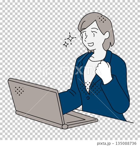 ノートパソコン作業でやる気が出た女性のビジネスイラスト 135088736