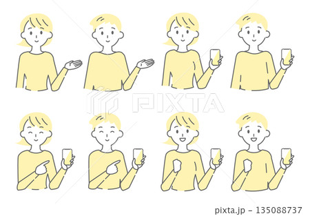 スマートフォンを使って案内する人物のジェスチャーイラストセット 135088737