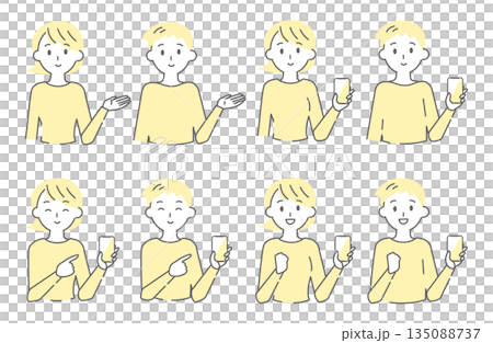 スマートフォンを使って案内する人物のジェスチャーイラストセット 135088737