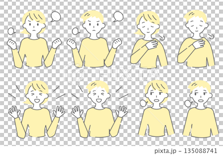 一組描繪人們表達憤怒、喜悅、釋然和沮喪等情緒的插圖。 135088741