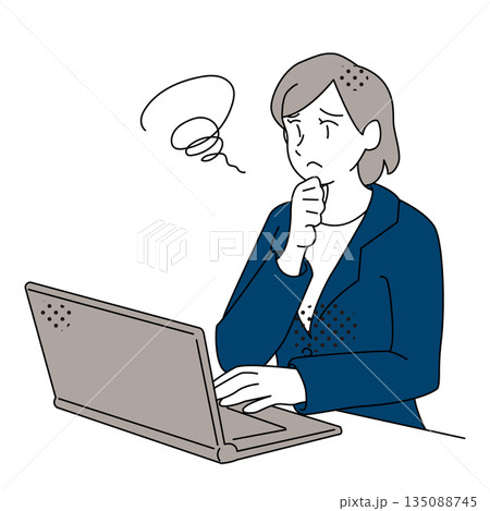 ノートパソコンを見て悩む女性のビジネスイラスト 135088745