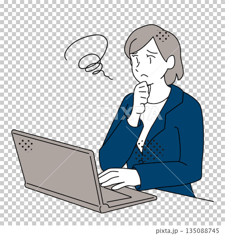 ノートパソコンを見て悩む女性のビジネスイラスト 135088745
