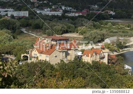 July 28, 2025: Hotel Krylya in Abrau-Durso village, Russia, set against a mountainous landscape, representing tourism development, resort architecture and scenic surroundings 135088812