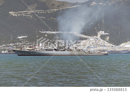 August 20, 2022: Military warship anchored in the Black Sea, Russia, representing naval presence, maritime security and military activity in open waters 135088813