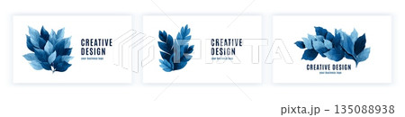 Blue leaves logo. Leaf branch business card design template, abstract watercolor foliage beauty salon health care cosmetic product brand clean white minimalist vector illustration 135088938