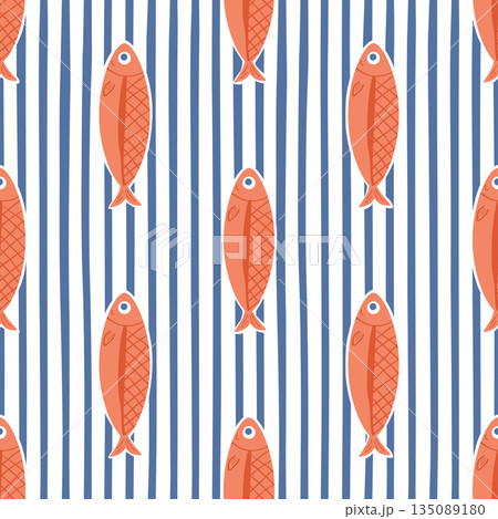Blue coastal striped sardine seamless pattern. Vector ocean repeat background, summer sea vacation print. Blue coastal striped sardine seamless pattern. Vector ocean repeat background, summer sea vacation print. 135089180