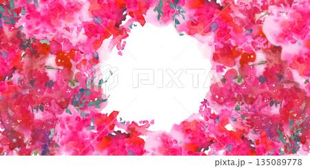Bright horizontal frame with abstract pink flowers. Watercolor illustration. A botanical template with an empty place to insert for postcards and invitations. 135089778