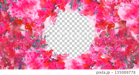 Bright horizontal frame with abstract pink flowers. Watercolor illustration. A botanical template with an empty place to insert for postcards and invitations. 135089778