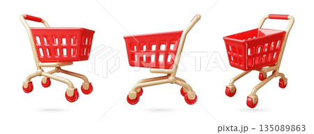 Cartoon 3d shopping carts. Red plastic supermarket handcart in different positions, products and goods transportation, empty bucket for grocery, classy vector isolated render glossy set 135089863