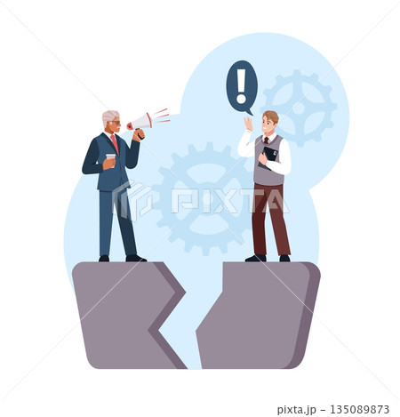Communication gap. Information exchange, employees cant agree, message error, business conflict and escalation, barrier dialogue, manager man hold megaphone, vector cartoon concept Communication gap. Information exchange, employees cant agree, message error, business conflict and escalation, barrier dialogue, manager man hold megaphone, vector cartoon concept 135089873