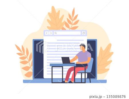 Copywriting. Content marketing, online advertising, guy with laptop writes articles, document on computer screen, writer or journalist, typing and editing text, vector cartoon concept Copywriting. Content marketing, online advertising, guy with laptop writes articles, document on computer screen, writer or journalist, typing and editing text, vector cartoon concept 135089876