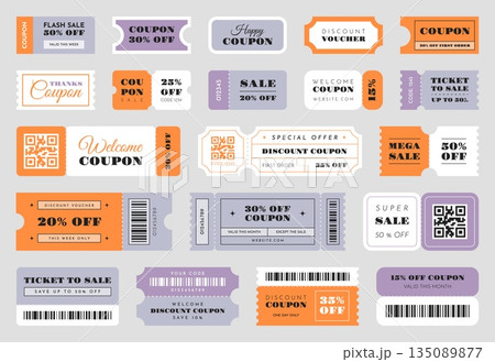 Coupon templates. Discount vouchers designs, sale tickets with barcodes, detachable parts, shopping promotions flyers different sizes, special offer for customers, classy vector templates set Coupon templates. Discount vouchers designs, sale tickets with barcodes, detachable parts, shopping promotions flyers different sizes, special offer for customers, classy vector templates set 135089877