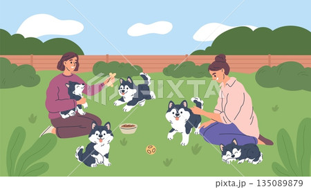Cute husky characters. Girls take care of puppies, breeders of pedigreed dogs, small fluffy pets in yard of house, woman sitting on grass in park garish vector cartoon isolated concept Cute husky characters. Girls take care of puppies, breeders of pedigreed dogs, small fluffy pets in yard of house, woman sitting on grass in park garish vector cartoon isolated concept 135089879