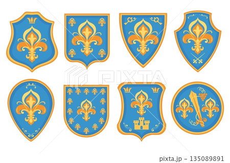 Heraldic lily emblems. Royal power symbol, different shapes shields, vintage arms coats, fleur de lis with crown, honor, nobility, medieval identity splendid vector isolated isolated set 135089891