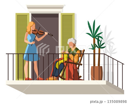 People on balcony. Violinist plays music. Old woman knits. Cozy leisure house facade or terrace, calm leisure and senior person care. Hobby and relaxation. Vector cartoon flat illustration 135089898