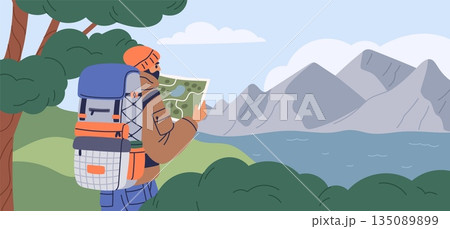 Traveler enjoying view. Male hiker with backpack and map, finding right path, tourist in gear, mountain landscape, tourism adventures in forest, garish vector cartoon isolated concept Traveler enjoying view. Male hiker with backpack and map, finding right path, tourist in gear, mountain landscape, tourism adventures in forest, garish vector cartoon isolated concept 135089899