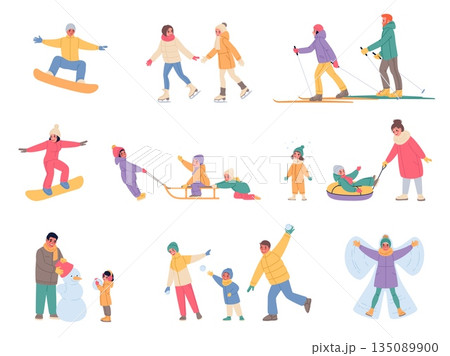 Winter entertainment. Seasonal outdoor games and walks, people in warm clothes skiing and skating, children sledding, making snowman, classy vector cartoon isolated seasonal leisure set 135089900
