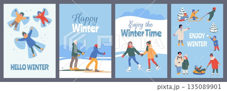 Winter family outdoor fun. Happy people and children make angels in snowdrift, kids skating and skiing, sledding, play snowballs, cards and posters design classy vector cartoon isolated set 135089901