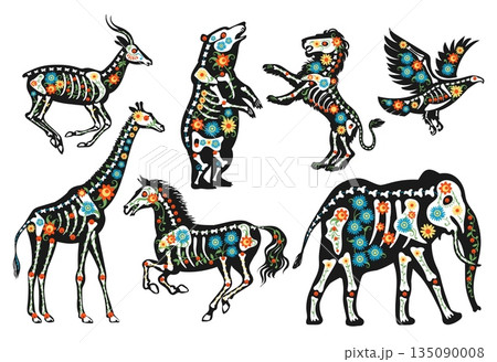 Animals skeletons with flowers. Decorative mexican style, fauna silhouettes with bones and floral patterns, day of dead, botanical folk art cartoon flat isolated splendid vector set Animals skeletons with flowers. Decorative mexican style, fauna silhouettes with bones and floral patterns, day of dead, botanical folk art cartoon flat isolated splendid vector set 135090008