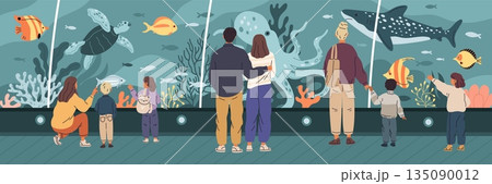 Aquarium visitors. Oceanarium panorama, people watch fish and marine animals, parents with children, couple in love, large glass tank with shark, turtle garish vector cartoon flat concept 135090012