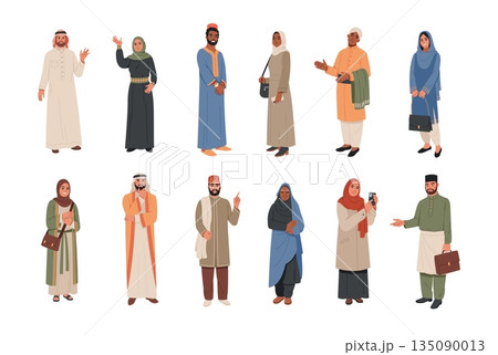 Arabic people. Male and female muslim characters standing, traditional, modern clothes, cultural robes and tunics islamic dress style, middle eastern fashion, cartoon tidy vector set Arabic people. Male and female muslim characters standing, traditional, modern clothes, cultural robes and tunics islamic dress style, middle eastern fashion, cartoon tidy vector set 135090013