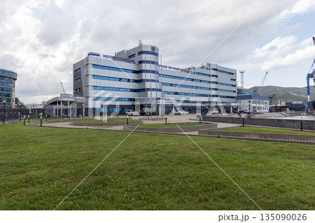 August 22 2025 Building of Novorossiysk Commercial Sea Port in Novorossiysk Russia on the Black Sea coast. Administrative port building and maritime infrastructure 135090026
