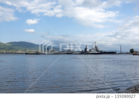Novorossiysk Russia September 20 2025: The cruiser Mikhail Kutuzov moored in the city port. Historic Soviet Project 68bis museum ship Novorossiysk Russia September 20 2025: The cruiser Mikhail Kutuzov moored in the city port. Historic Soviet Project 68bis museum ship 135090027