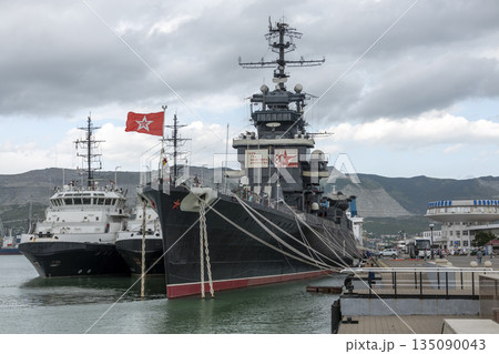 Novorossiysk Russia September 20 2025: The cruiser Mikhail Kutuzov moored in the city port. Historic Soviet Project 68bis museum ship Novorossiysk Russia September 20 2025: The cruiser Mikhail Kutuzov moored in the city port. Historic Soviet Project 68bis museum ship 135090043
