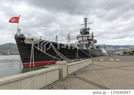 Novorossiysk Russia September 20 2025: The cruiser Mikhail Kutuzov moored in the city port. Historic Soviet Project 68bis museum ship 135090047