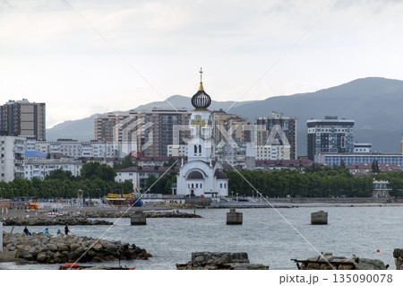 August 22 2025 St. Nicholas Church on the shore of Novorossiysk Russia. Historic church building near the Black Sea coastline August 22 2025 St. Nicholas Church on the shore of Novorossiysk Russia. Historic church building near the Black Sea coastline 135090078