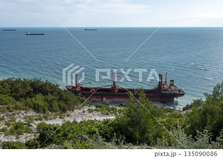August 22 2025 Cargo ship RIO grounded near the shore of Kabardinka on the Black Sea coast Russia. Large vessel stranded close to the coastline after a maritime incident August 22 2025 Cargo ship RIO grounded near the shore of Kabardinka on the Black Sea coast Russia. Large vessel stranded close to the coastline after a maritime incident 135090086